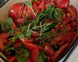A picture of step 5 of Uncle Yves' Chicken Basquaise (with tomatoes, peppers + herbs).