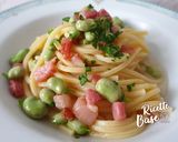Foto del passaggio 7 della ricetta Spaghetti Fave, Guanciale e crema di Pecorino Romano