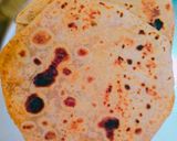 A picture of step 3 of Achari Parantha with lauki ka raita & mango pickle.