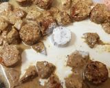 A picture of step 3 of My Tenderloin pork& Sausage in a creamy Mustard Pepper sauce. 😉.