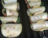 A picture of step 10 of Salmon,aubergine and spinach skewers with red pepper dressing.