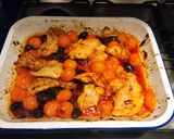 A picture of step 4 of Harissa chicken with olives and tomatoes.