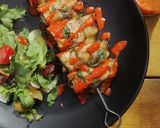 A picture of step 11 of Salmon,aubergine and spinach skewers with red pepper dressing.