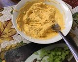 A picture of step 2 of Buffalo deviled eggs.