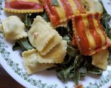 A picture of step 1 of Spinach Fettuccine with Lobster Ravioli, Mussels, & Meat Sauce.