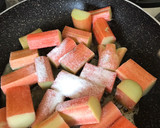 A picture of step 1 of Rhubarb clafoutis (use exact same method for apples and pear too).