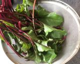 A picture of step 1 of Beetroot’s leaves and egg, tamago toji.       Don’t throw away No.7.