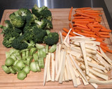A picture of step 1 of Steak with brocolli mash and parsnip/carrot fries.