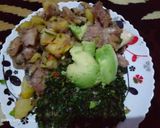 A picture of step 10 of Fried nduma with beef and potato served. with spinach.