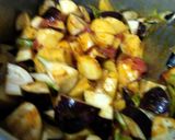 A picture of step 3 of Brinjal potatoes and tomato sabji(no onion no garlic).