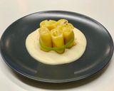 Foto del passaggio 5 della ricetta Paccheri ripieni di crema di patate e baccalà, su fonduta dì parmigiano
