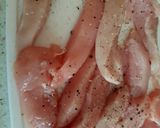 A picture of step 1 of My Marinated Chicken Strips in a wrap Red Hot Sauce.