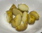 A picture of step 1 of Pan-fried Halibut, Jersey Royals, Herb and Legume Crush.