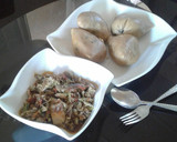 A picture of step 5 of Moimoi with cabbage,fish and egg source.