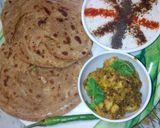 A picture of step 5 of Lachha paratha with masala Arbi and raiyta.