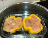 A picture of step 3 of Steamed stuffed capsicum with fresh mushroom, pumpkin, asparagus, potatoes, fish, pork and egg white.