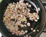 A picture of step 1 of Creamy Mushroom soup, drizzle truffle oil, rustic croutons.