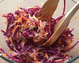 A picture of step 3 of Danish meatballs (Frikadeller) with coleslaw.