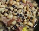 A picture of step 9 of Ham, with Black Eyed Peas and Yellow Rice.