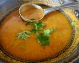 A picture of step 3 of Kathiyawadi Lunch Thali (Dahi Tikhari, Sev Tameta Nu Shak, Dal Bhaat, Fulka Rotli, Chaas, Papad).