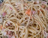 A picture of step 10 of Bacon, salmon and mushroom creamy & soy sauce pasta.