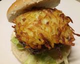 A picture of step 4 of Fluffy's homemade hash brown cheese burger.