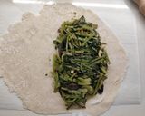 A picture of step 4 of Calzones with Wild Dandelion Greens, Black Olives, and Almonds.