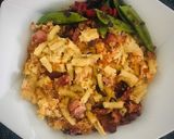 A picture of step 5 of Loaded(Bacon+Red Onions) Crispy Mac and Cheese with Chilli-Soy-Sugarsnaps side.