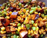 A picture of step 4 of Savory Braised Tofu with Edamame and Corn.