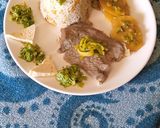 Foto del paso 16 de la receta: CARNE SUDADA, con ARROZ de GARBANZO y papas con verduras verdes y mantequilla clarificada con ajo