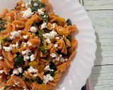 A picture of step 4 of Red Lentil Pasta with Pumpkin Cream, Spinach, and Feta.