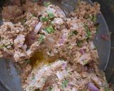 A picture of step 5 of Mutton Kebab with leftover meat and rice.
