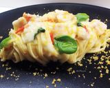 A picture of step 5 of Tagliolini with Asparagus Cream, Scallops, and Bottarga.
