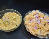 A picture of step 5 of Littichokha with baigan chutney and fried chilli onions.