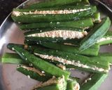 A picture of step 1 of Paneer stuffed bhindi.
