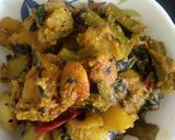 A picture of step 8 of Pumpkin sabji with malabar spinach and prawn.