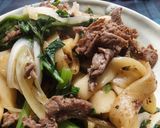 A picture of step 6 of Yaki Udon with Kishimen Noodles and Chrysanthemum Greens.