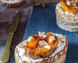 A picture of step 3 of DARK MULTIGRAIN BREAD CROSTINI WITH GOAT RICOTTA, ROASTED SQUASH, AND HONEY.