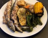 A picture of step 7 of Braai mackerel and scallops with padron peppers, aubergine and sweet corn.