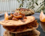 A picture of step 4 of Gajar Chunda oats beans aloo tikki fig chutney sandwich in Indian bread.