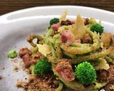 A picture of step 5 of Square Spaghetti with Broccoli Pesto and Pancetta.