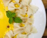 A picture of step 8 of Fresh farfalle(bow-tie/butterfly) pasta with roasted yellow pepper alfredo sauce.