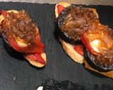 A picture of step 3 of Burgos Blood Sausage Toast with Goat Cheese and Caramelized Onion.