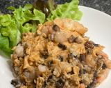 A picture of step 7 of Scrambled egg with shrimp on rice.