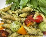 A picture of step 4 of Pesto pasta - with homemade pesto.