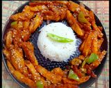 A picture of step 5 of Schezwan Chilli Potatoes with Jeera Rice.