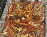 A picture of step 7 of Marinated salmon with honey roasted paprika veg.