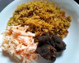 A picture of step 3 of Jollof rice with coleslaw.