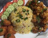 A picture of step 3 of Gobi manchurian with vegetables rice and chicken nuggets.
