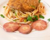 A picture of step 7 of Orange Sauce Spaghetti with chicken patty.